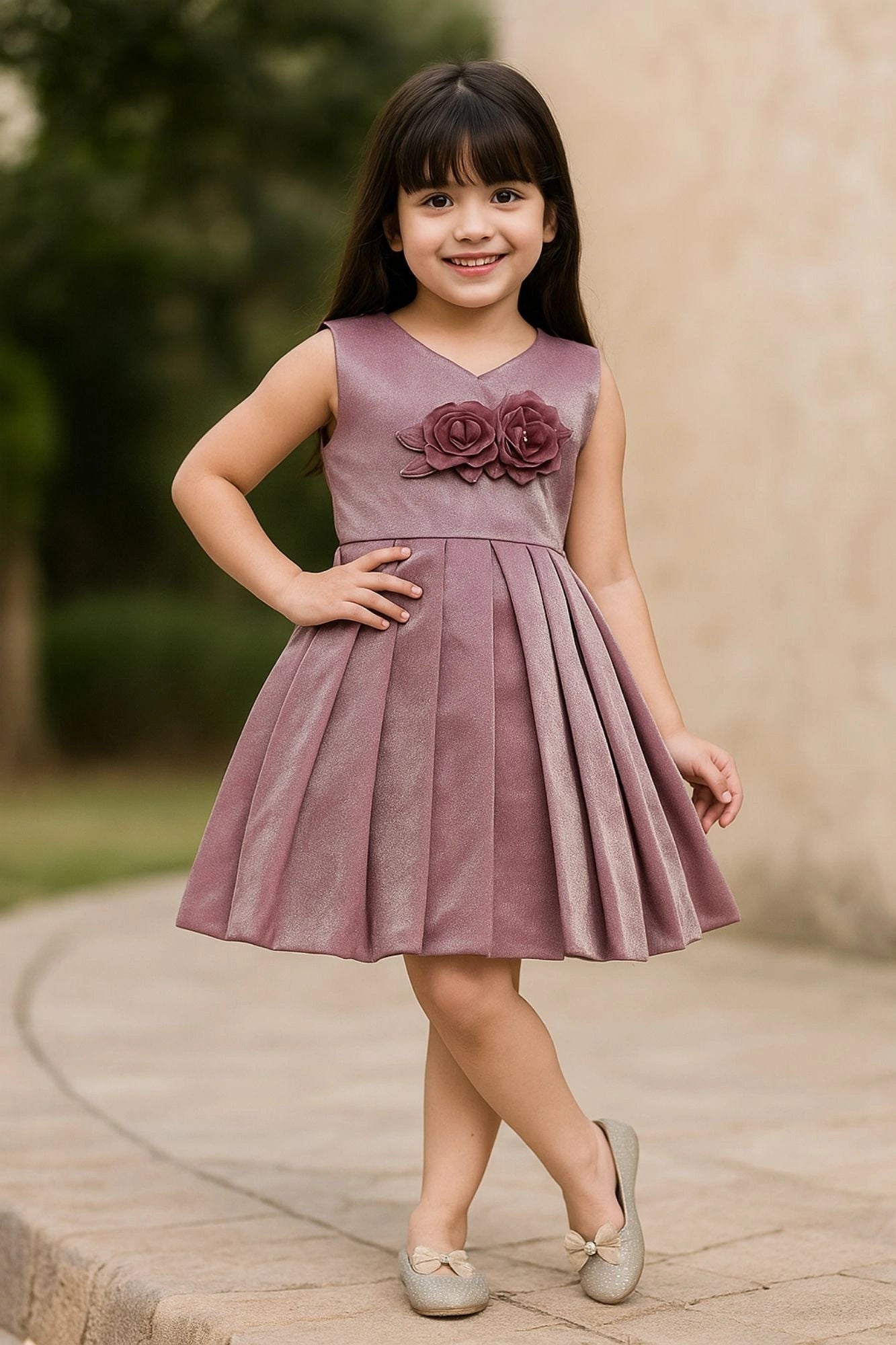 Shimmer Mauve Party Wear Frock with 3D Floral Accent For Girls