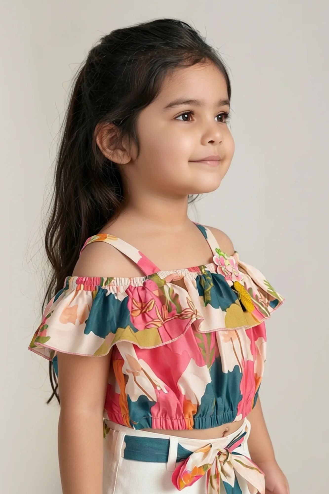 Girls Multicolor Floral Off-Shoulder Top with White Shorts Co-Ord Set