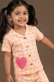 Peach Heart Print Night Suit Set For Girls