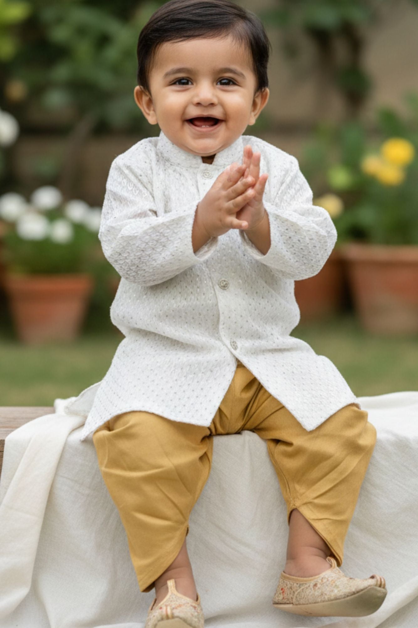 White Sequins Embroidered Kurta And Dhoti Set For Boys