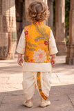 Boys Mustard Floral Printed Jacket Kurta Dhoti Set