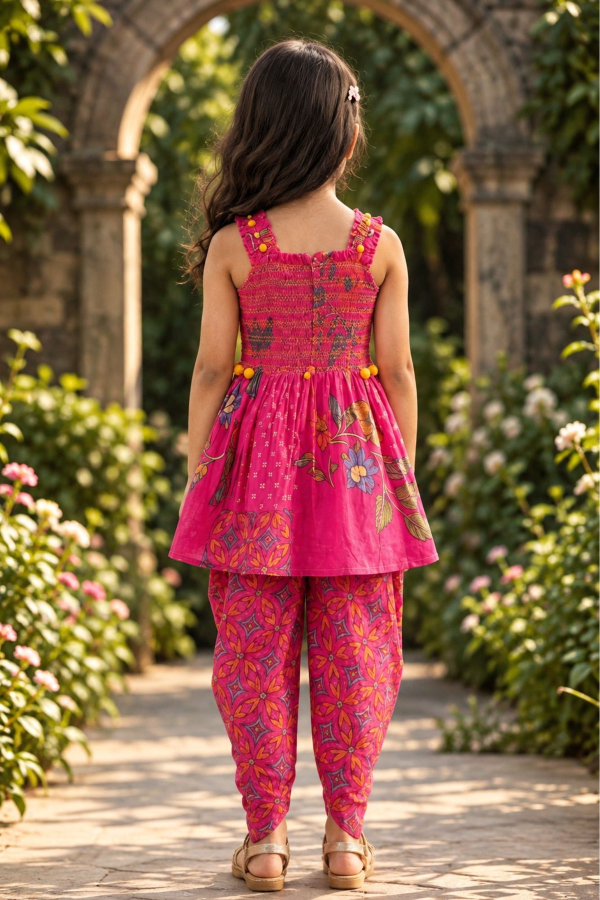 Girls Pink Floral Printed Smocked Dhoti Set with Dupatta