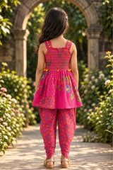 Girls Pink Floral Printed Smocked Dhoti Set with Dupatta