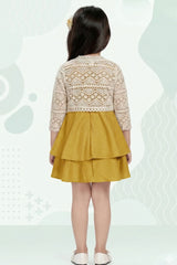 Girls Mustard Yellow Layered Frock With Lace Shrug And Floral Accent