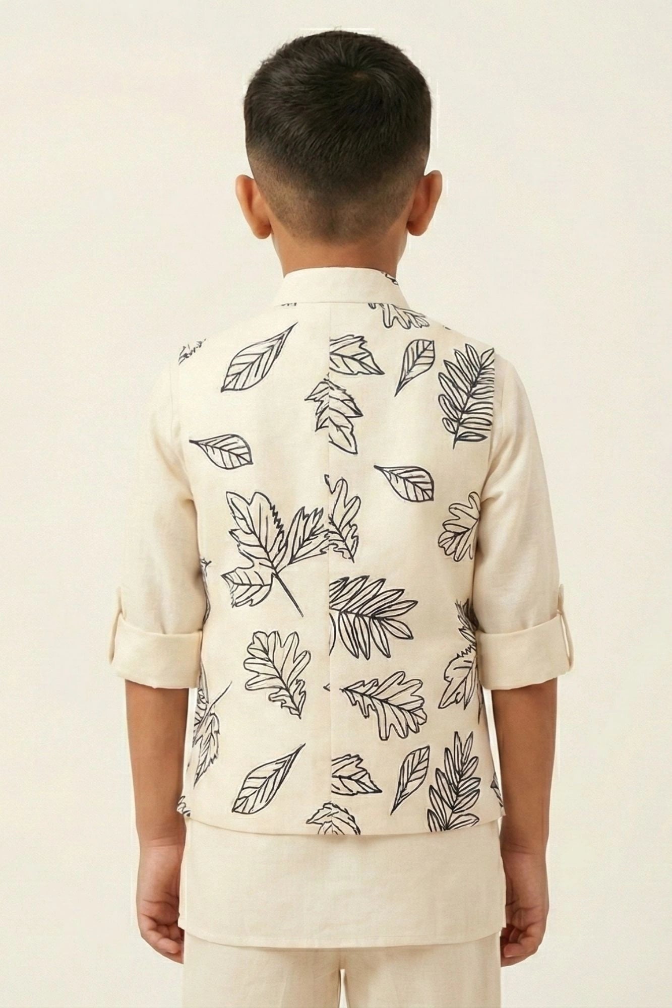 Cream Leaf Print Waistcoat with Mandarin Collar and Shirt For Boys