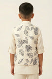 Cream Leaf Print Waistcoat with Mandarin Collar and Shirt For Boys