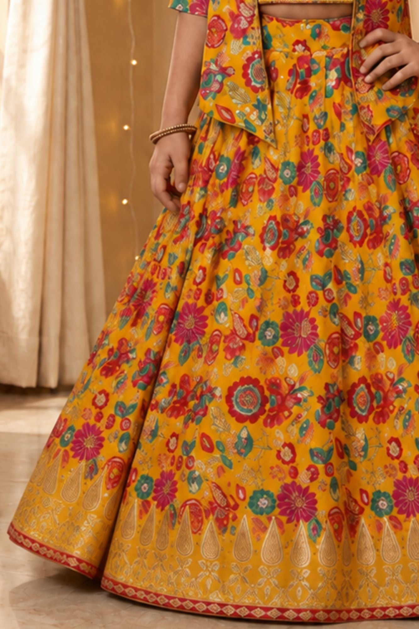 Mustard Yellow Floral Printed Jacket Style Lehenga Choli