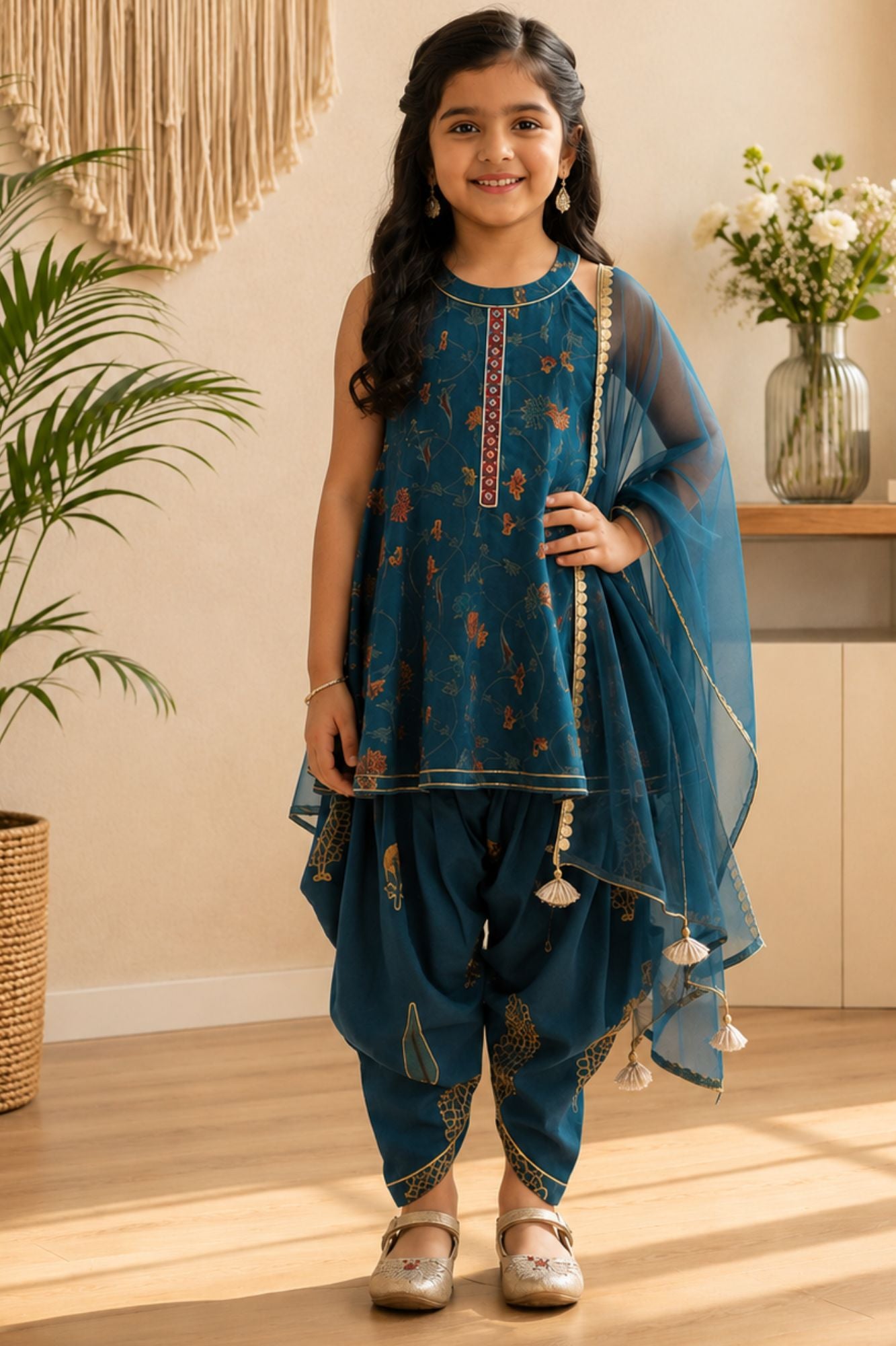 Girls Teal Blue Printed Kurti with Dhoti Pants Set
