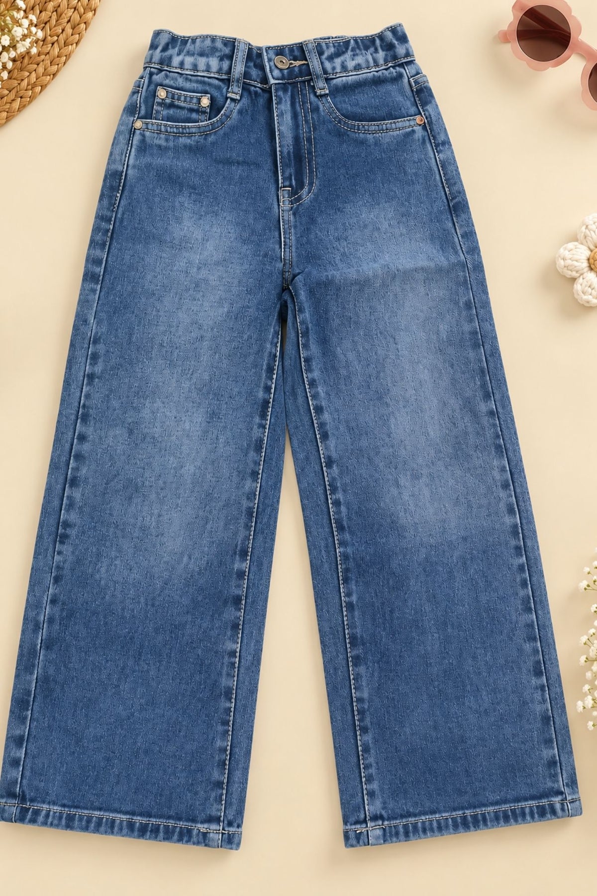 Girls Blue Washed Denim Straight Fit Jeans