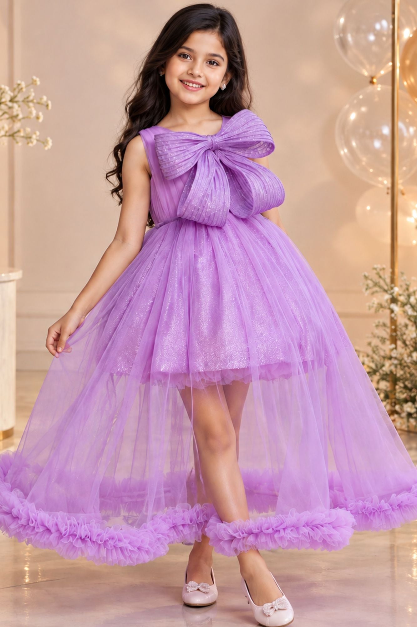 girl's glitter tulle ruffle hem dress product info and reviews Purple Party Gown With Oversized Bow For Girls – Lagorii Kids shell shine and beam