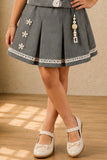 Girls Grey Floral Print Pleated Skirt Set with Peter Pan Collar Top And Tassel Charm