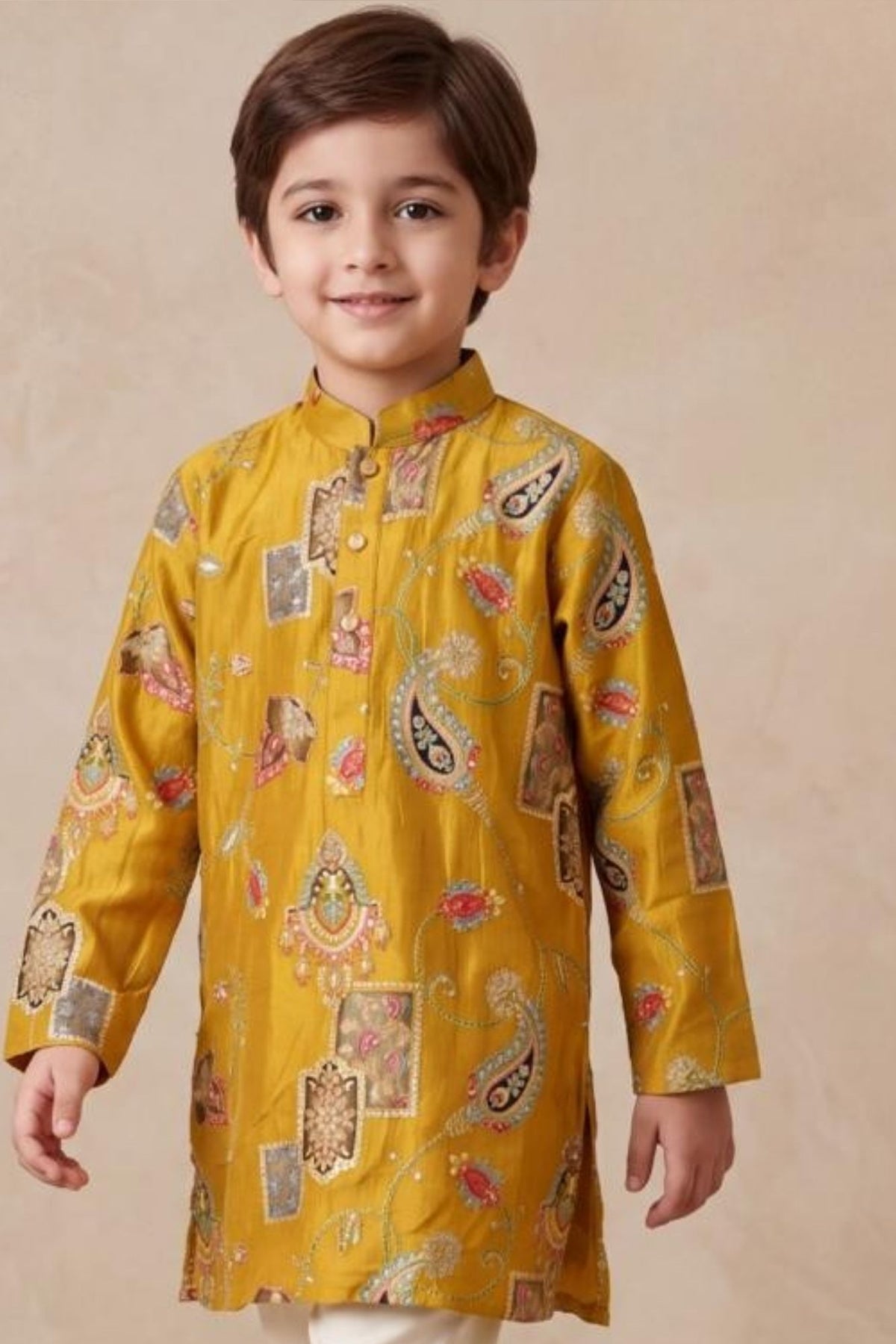 Boys Elegant Mustard Paisley Kurta Set