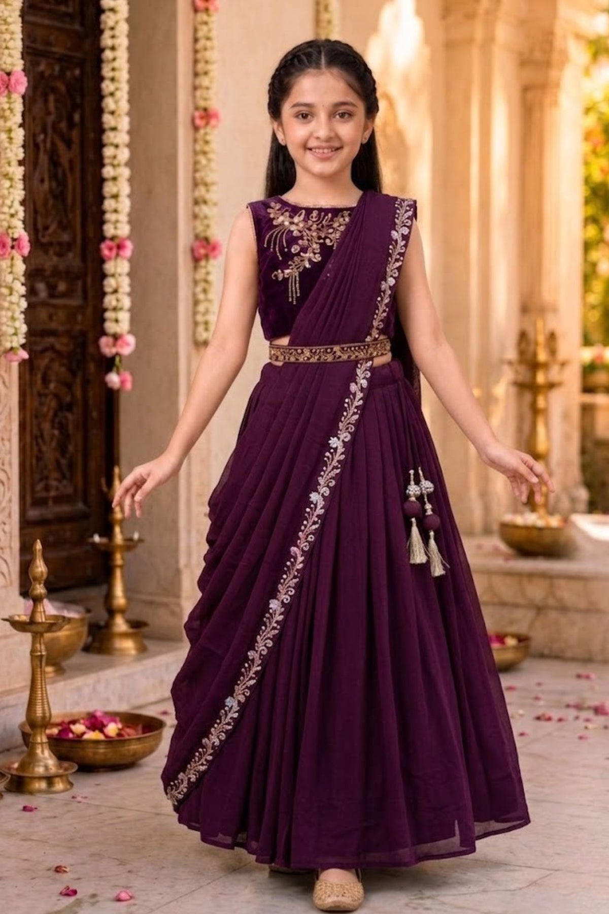 Girls Wine Embroidered Pre-Stitched Drape Saree Set