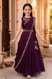 Girls Wine Embroidered Pre-Stitched Drape Saree Set