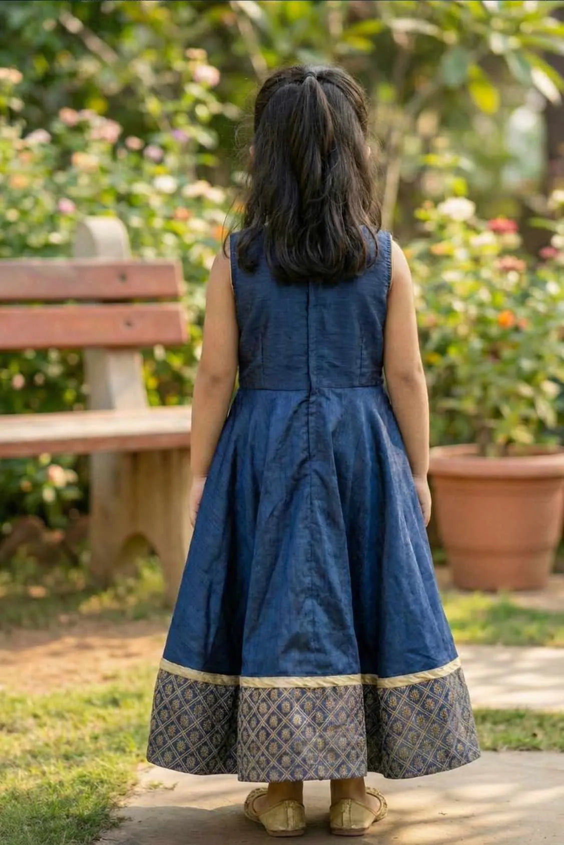 Navy Blue Embroidered Anarkali Gown For Girls