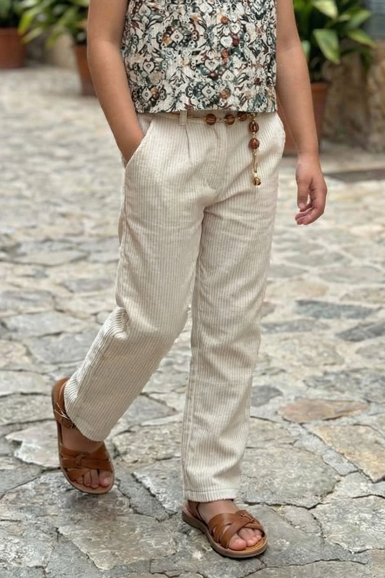Beige Printed Top And Striped Palazzo Set For Girls