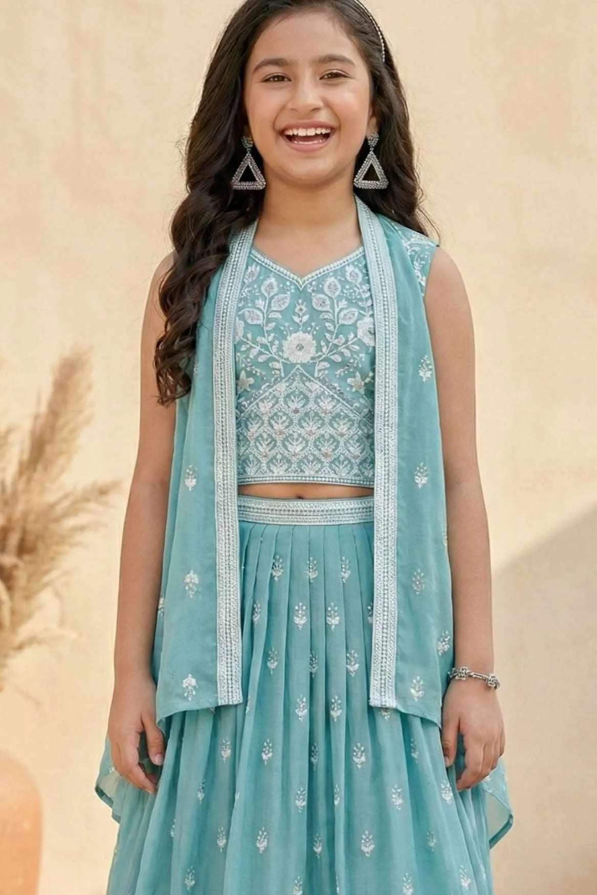 Firozi Embroidered Lehenga Choli with Layered Jacket For Girls