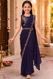 Girls Purple Embroidered Pre-Stitched Drape Saree Set
