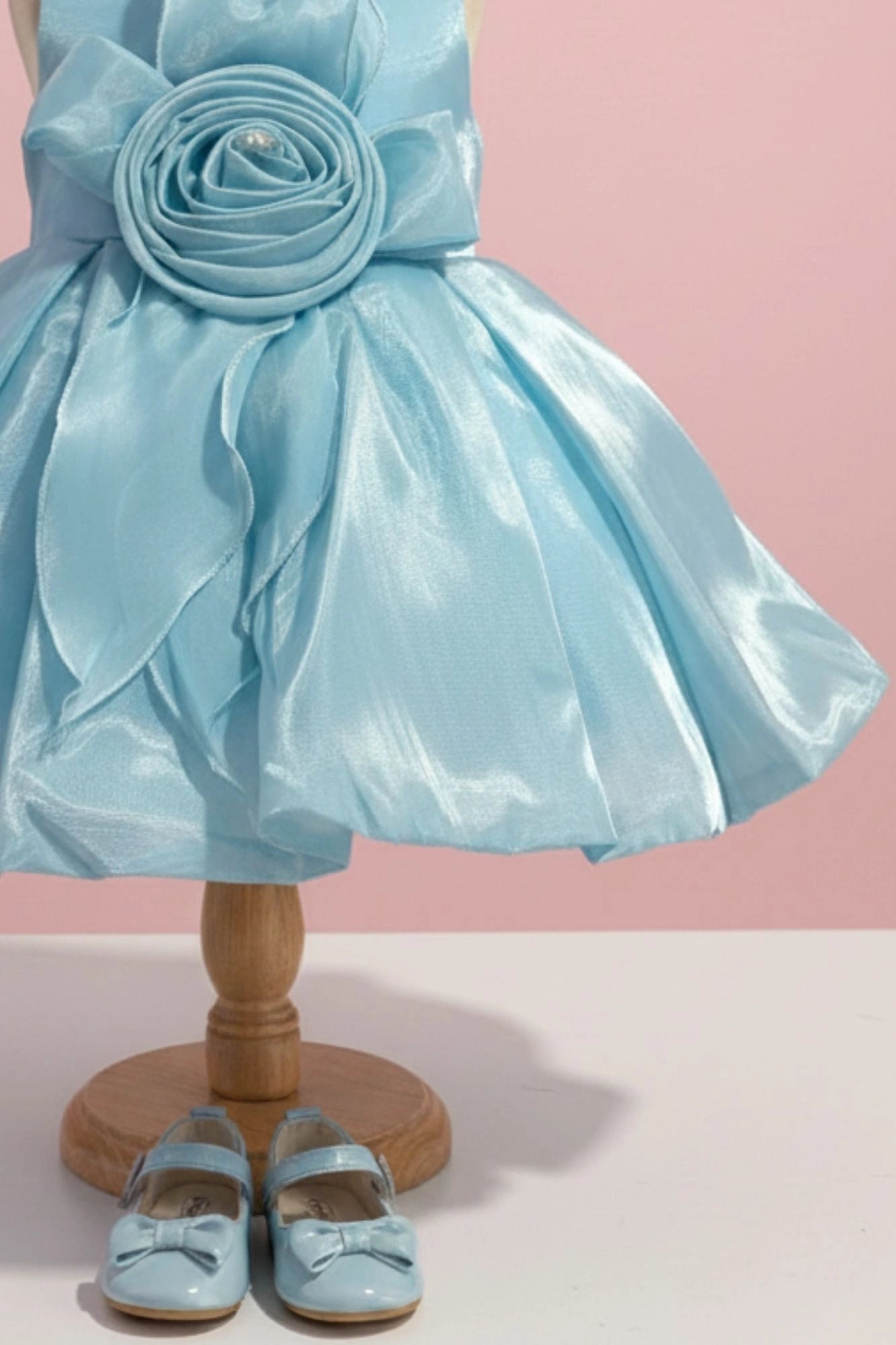 Sky Blue Party Frock with Rosette Bow and Shimmer Layers For Girls
