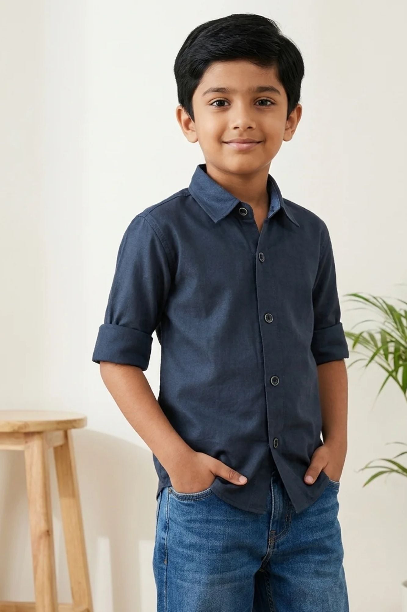 Boys Navy Blue Solid Casual Shirt with Classic Collar