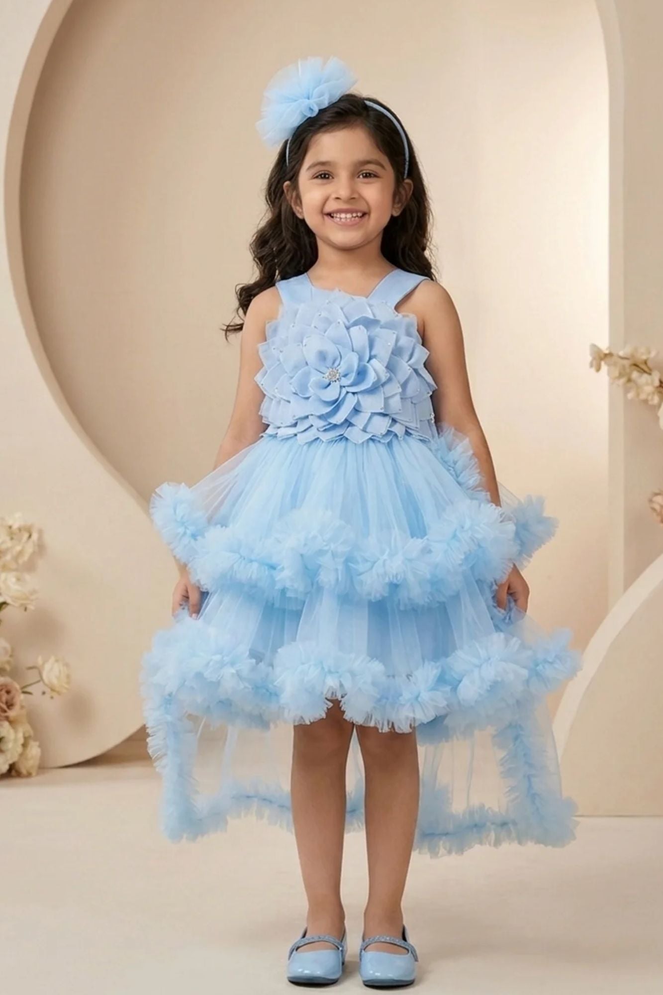 Blue High-Low Party Wear Tulle Frock With Flower Embellishment For Girls