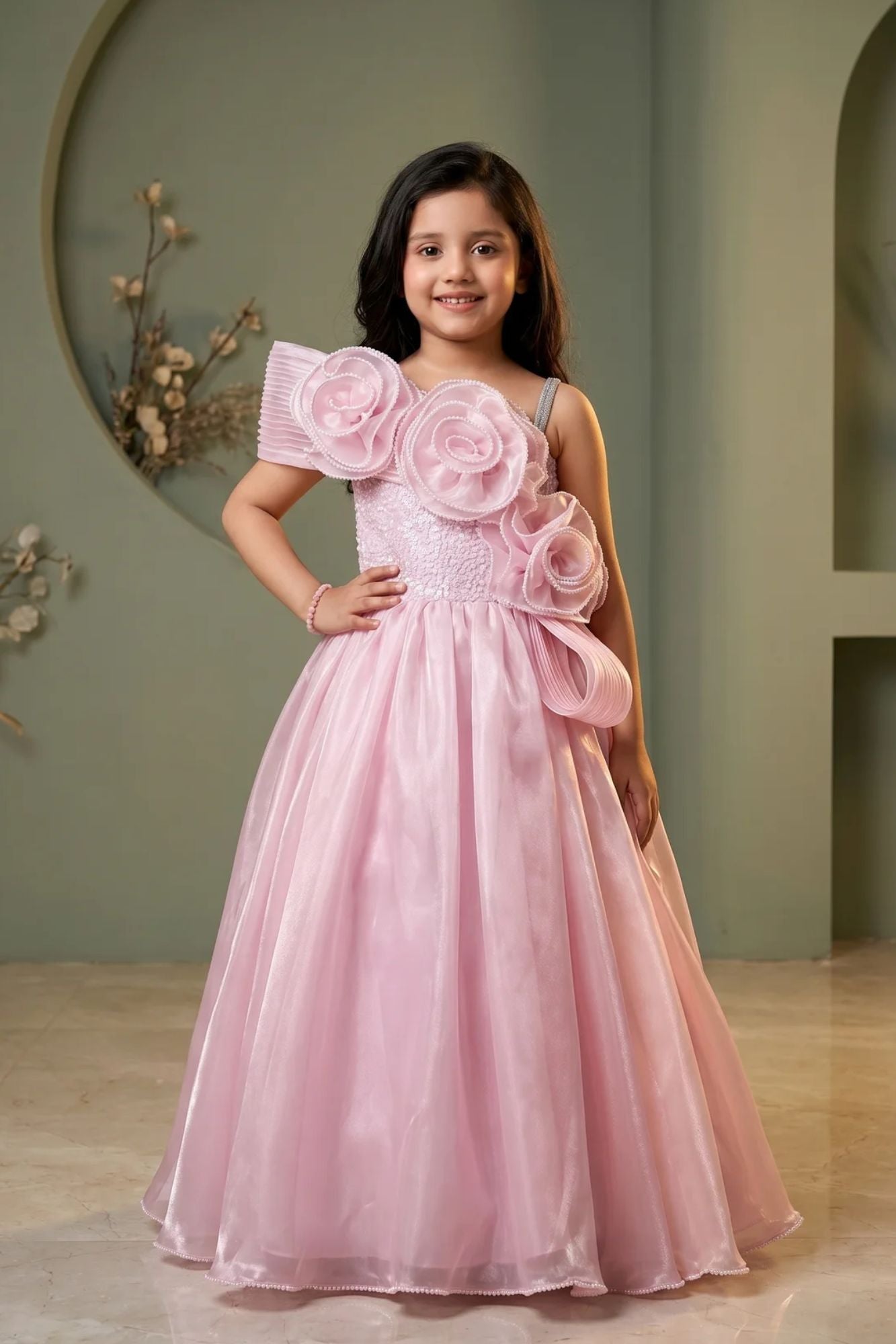 Girls Baby Pink One-Shoulder Party Gown with 3D Floral Ruffles