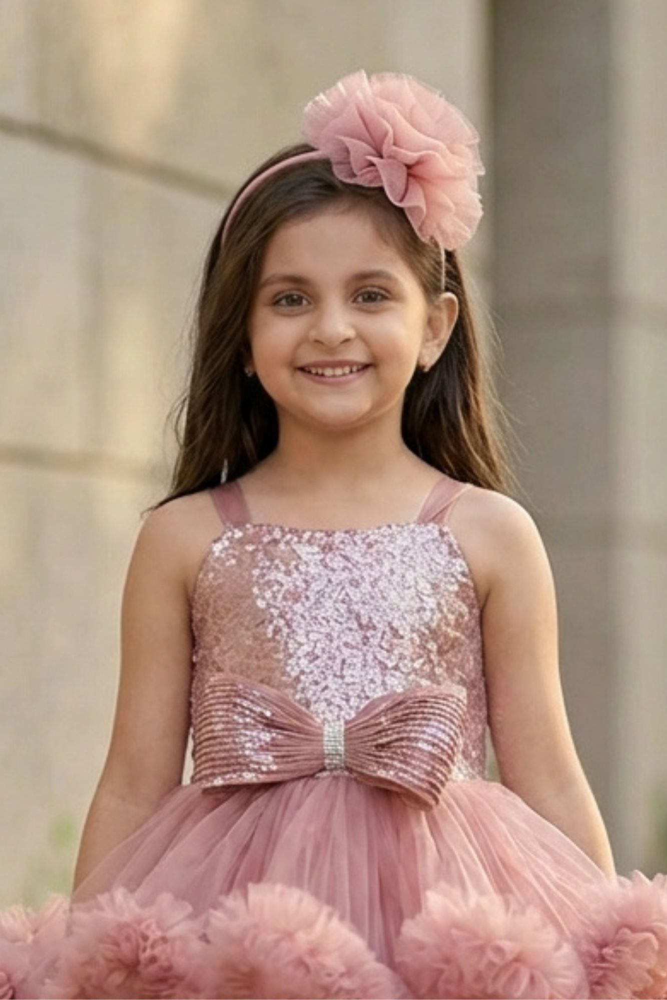 Dusty Pink High-Low Party Wear Frock With Floral Embellishment For Girls