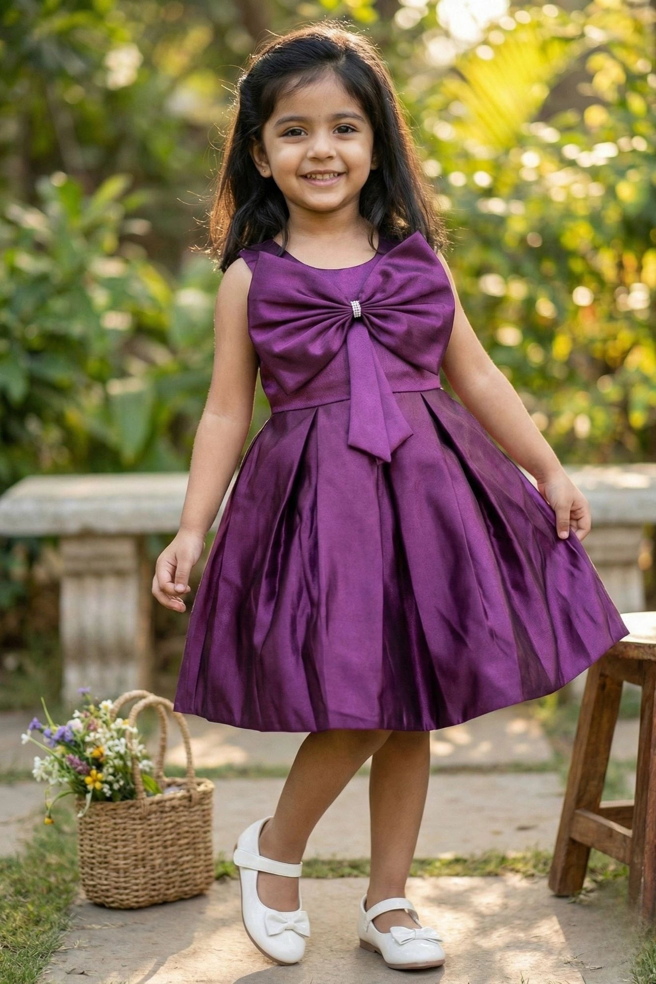 Wine Big Bow Party Wear Frock For Girls
