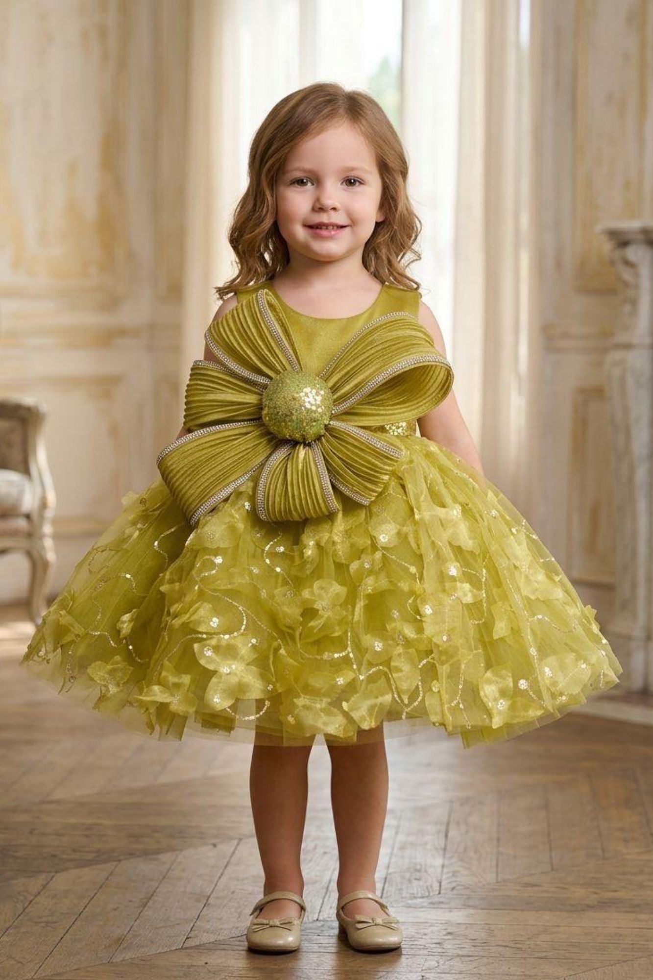 Girls Green Party Wear Frock with Statement Bow