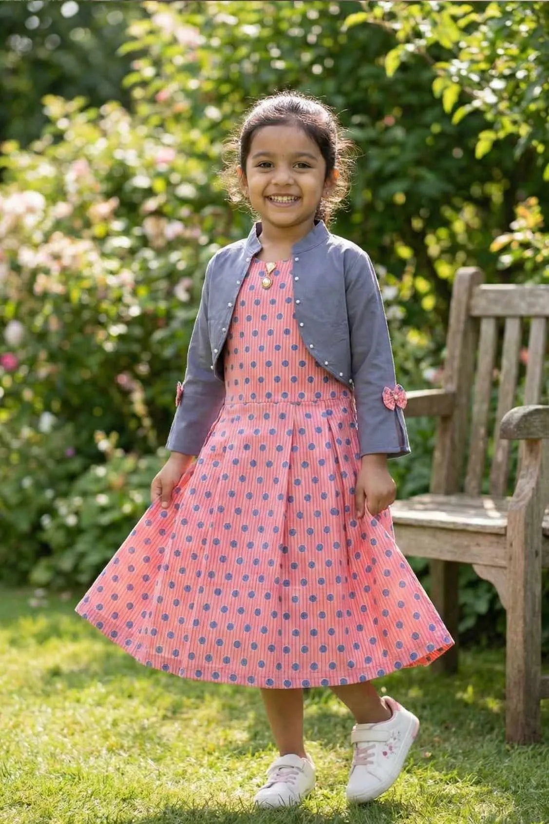 Peach Polka Dot Frock with Grey Jacket For Girls