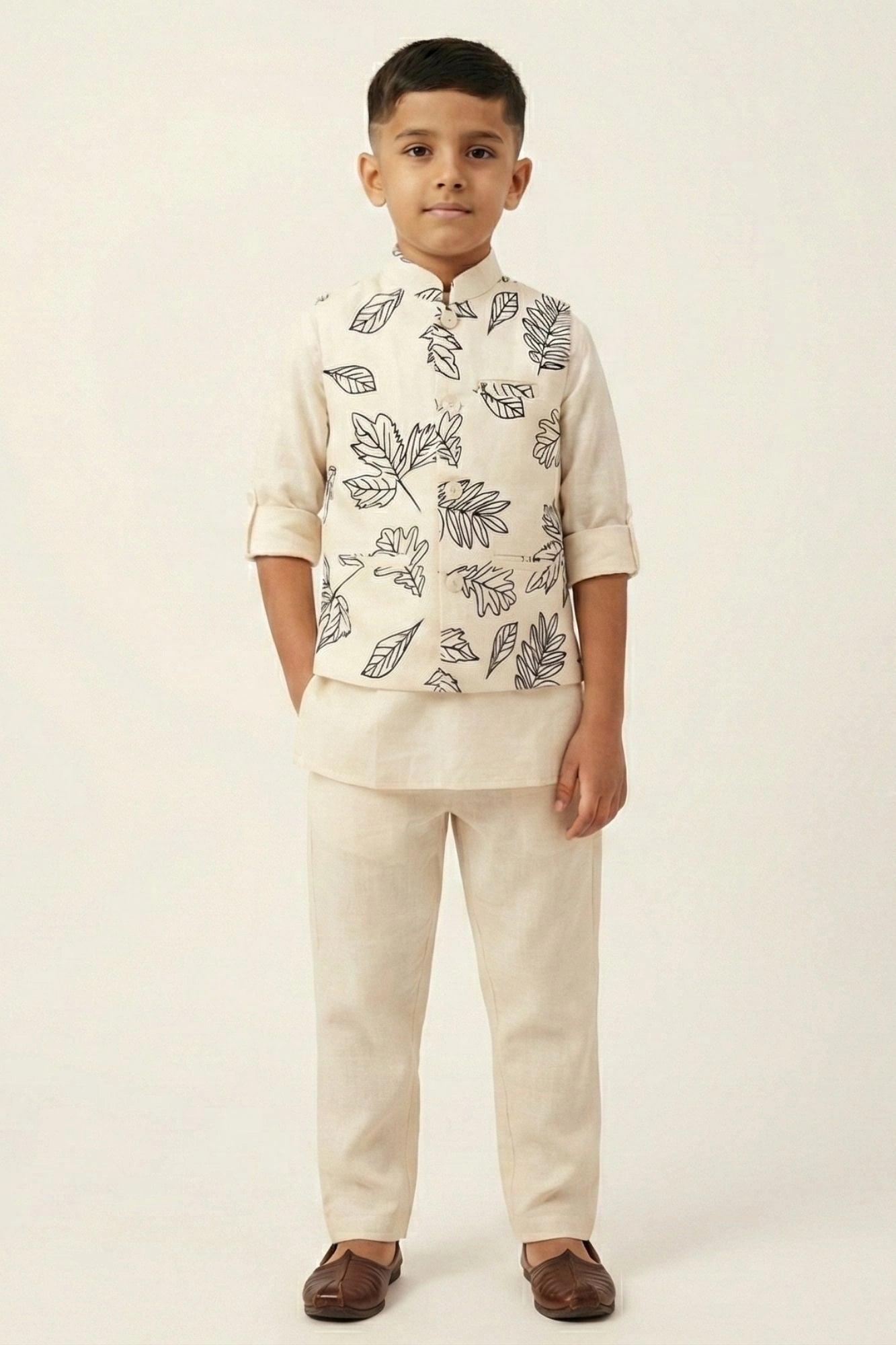 Cream Leaf Print Waistcoat with Mandarin Collar and Shirt For Boys