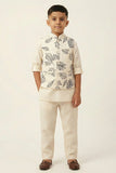 Cream Leaf Print Waistcoat with Mandarin Collar and Shirt For Boys