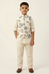Cream Leaf Print Waistcoat with Mandarin Collar and Shirt For Boys