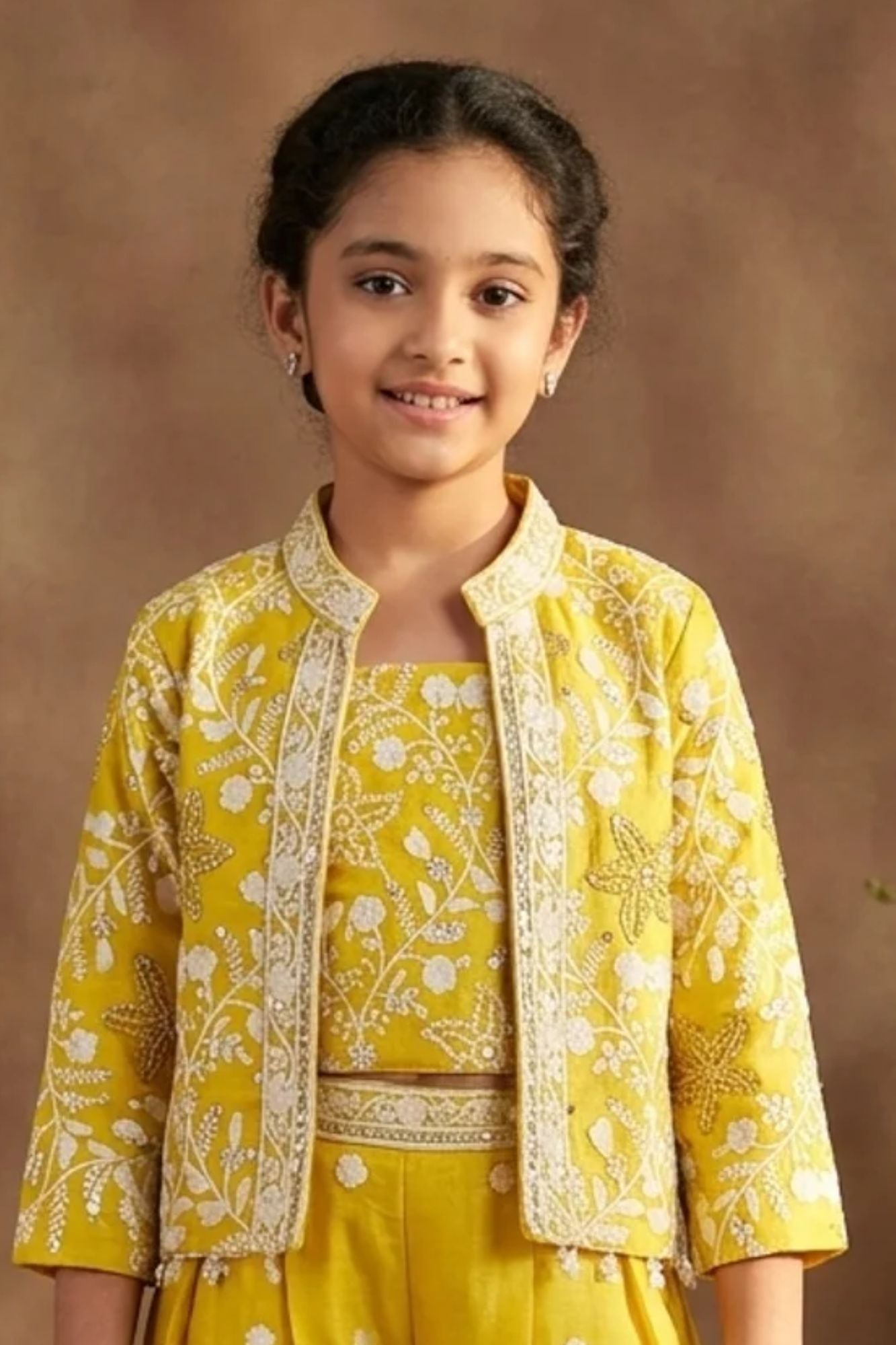 Sunshine Yellow Embroidered Jacket Palazzo Set For Girls