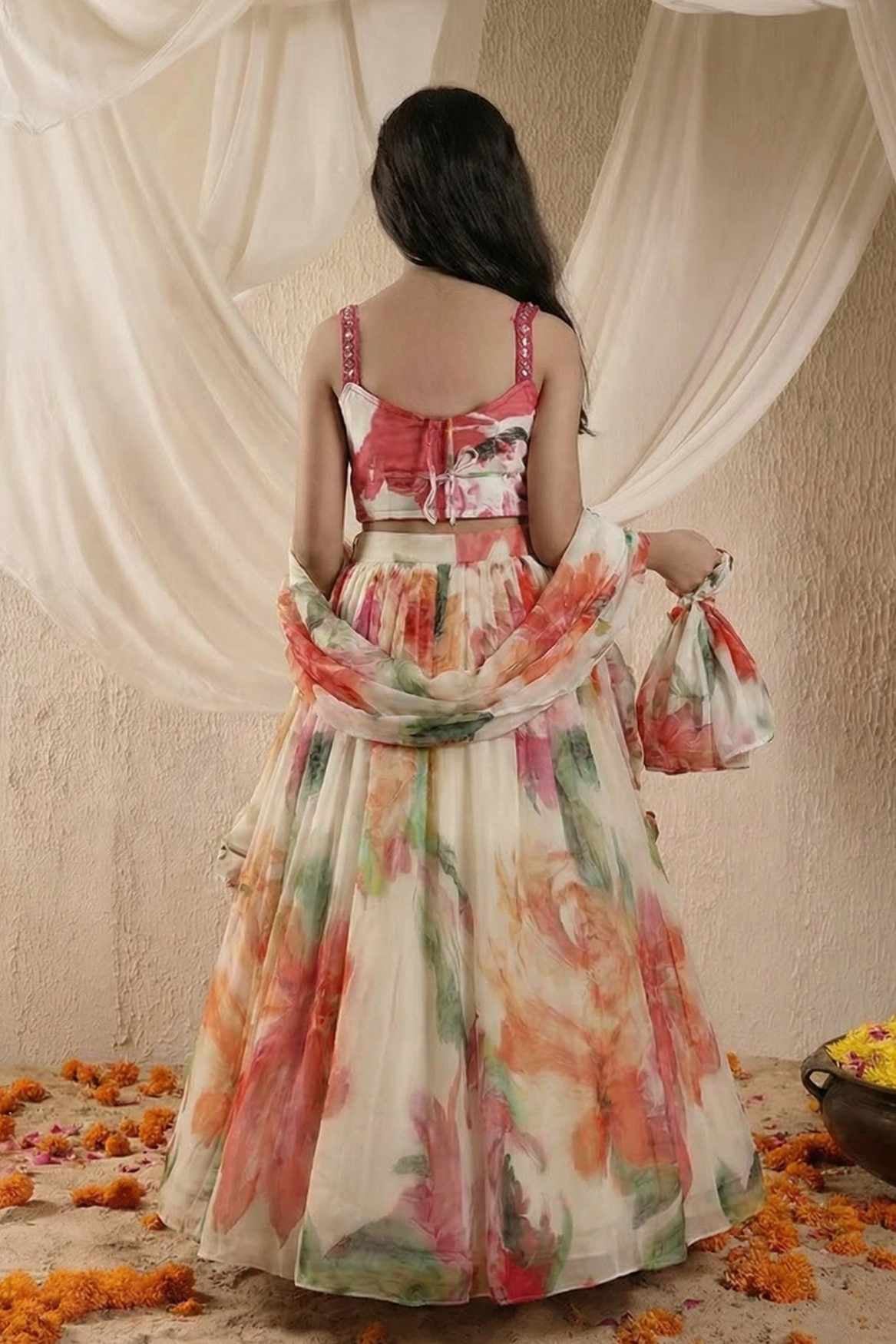 Ivory Floral Printed Lehenga Choli Set for Girls