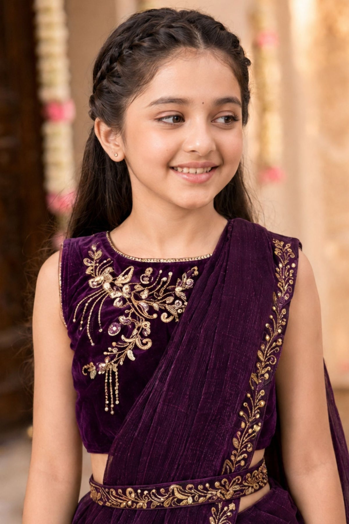 Girls Wine Embroidered Pre-Stitched Drape Saree Set