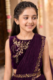 Girls Wine Embroidered Pre-Stitched Drape Saree Set