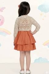 Girls Rust Orange Layered Frock With Lace Shrug And Floral Accent
