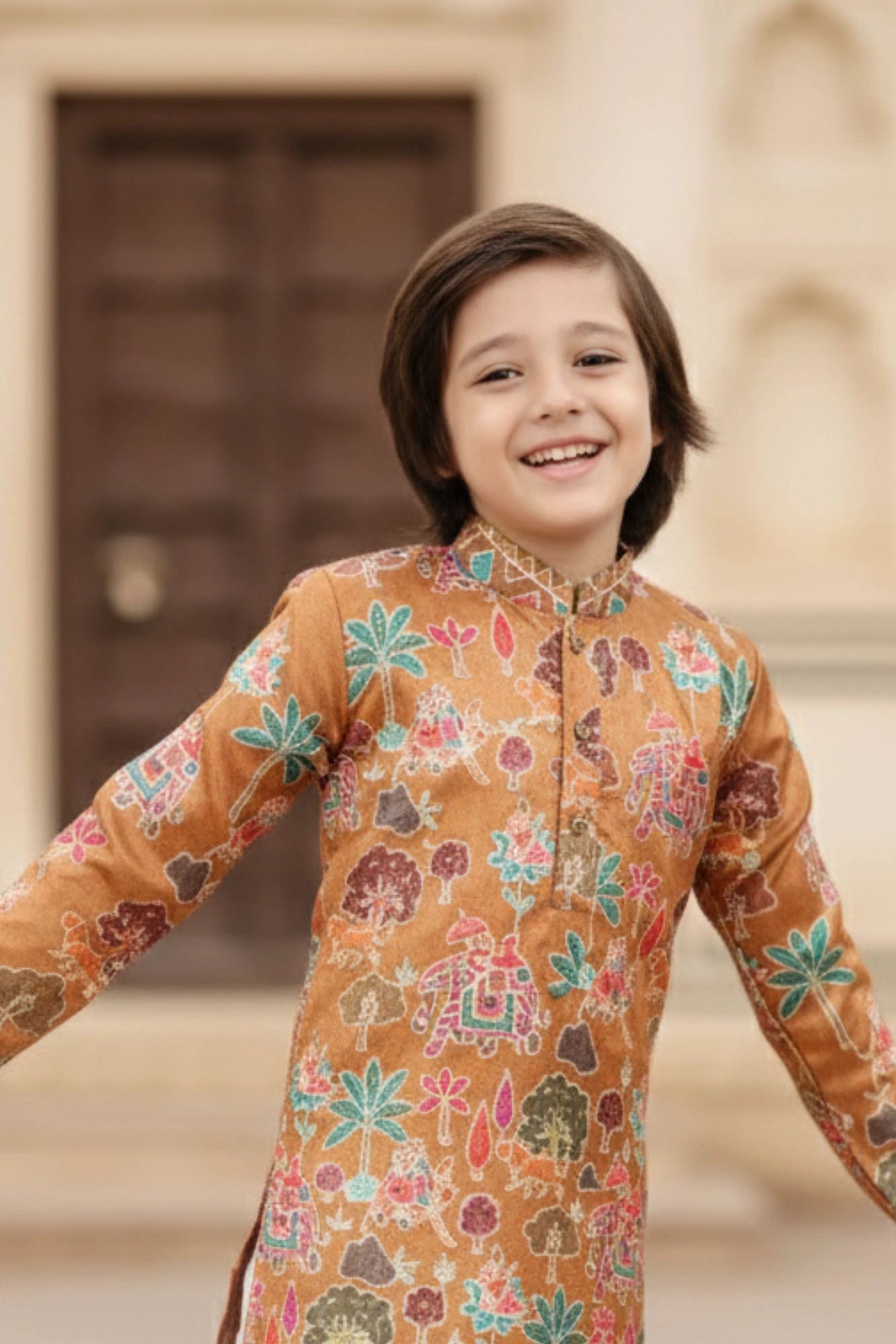 Mustard Printed Ethnic Kurta with White Pyjama Set For Boys