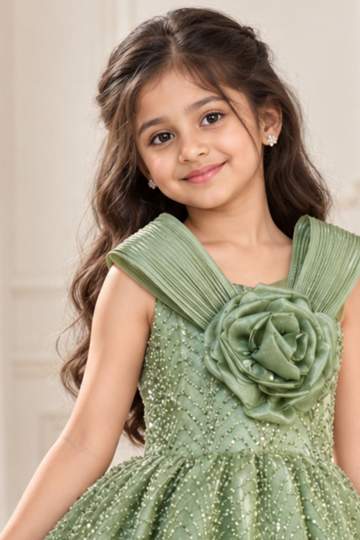 Girls Sage Green Party Wear Frock with 3D Floral Bow And Sequin Detailing