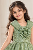 Girls Sage Green Party Wear Frock with 3D Floral Bow And Sequin Detailing