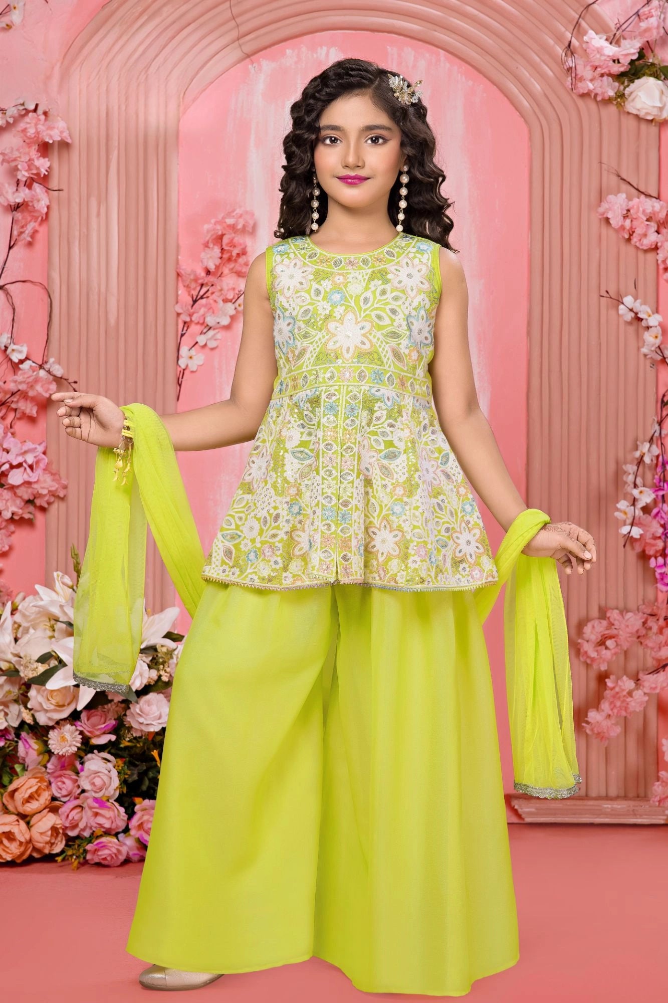 Yellow Multi-Thread Embroidered Palazzo Set for Girls