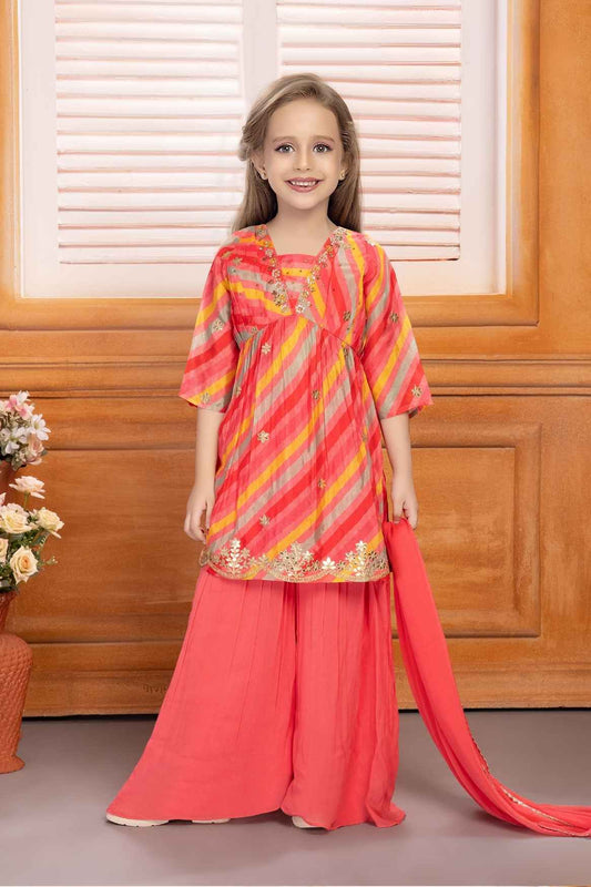 Multicolor Printed And Sequin Top With Palazzo Set For Girls