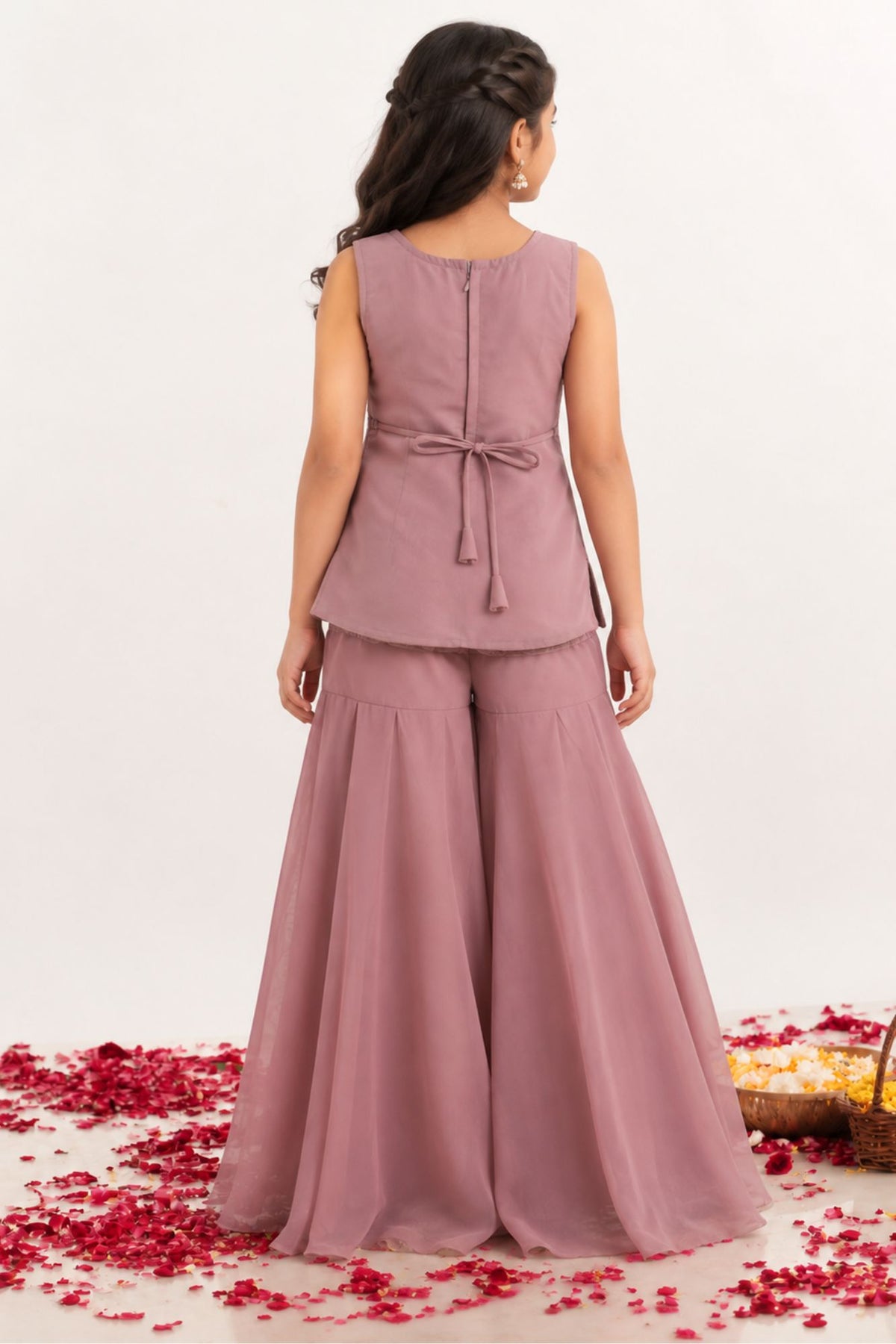Girls Dusty Rose Floral Embroidered Palazzo Set