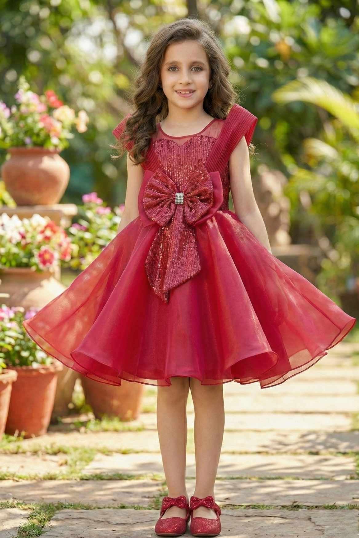 Rani Pink Embellished Party Wear Frock with Structured Shoulder Straps For Girls