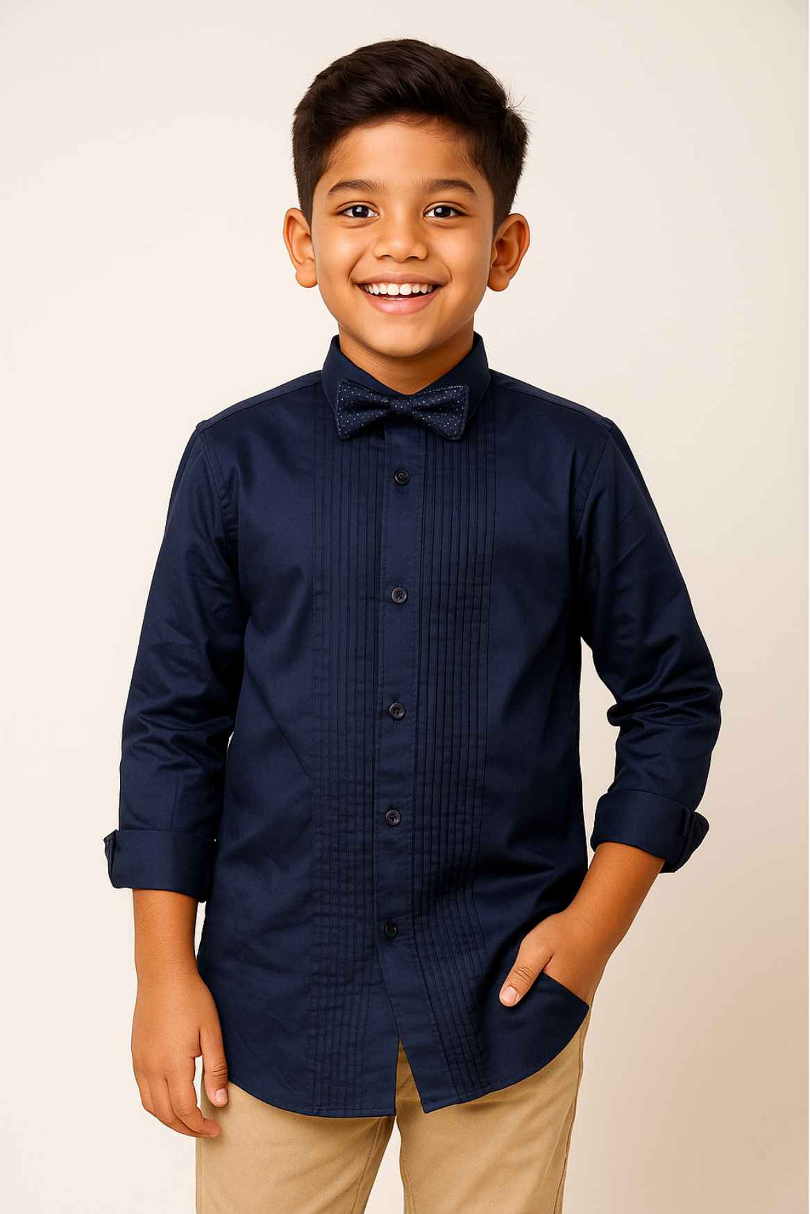 Classic Navy Blue Tuxedo Shirt With Pleated Front For Boys