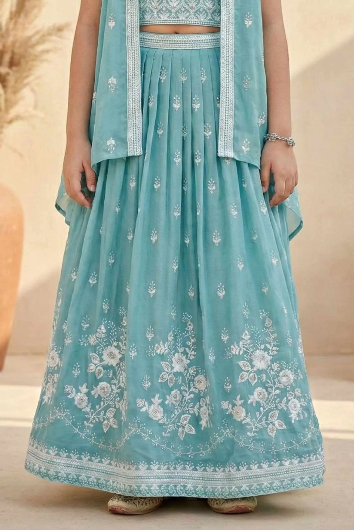 Firozi Embroidered Lehenga Choli with Layered Jacket For Girls