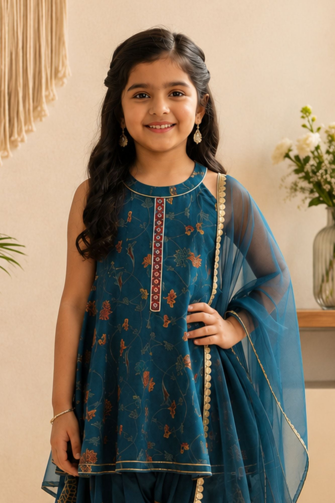 Girls Teal Blue Printed Kurti with Dhoti Pants Set