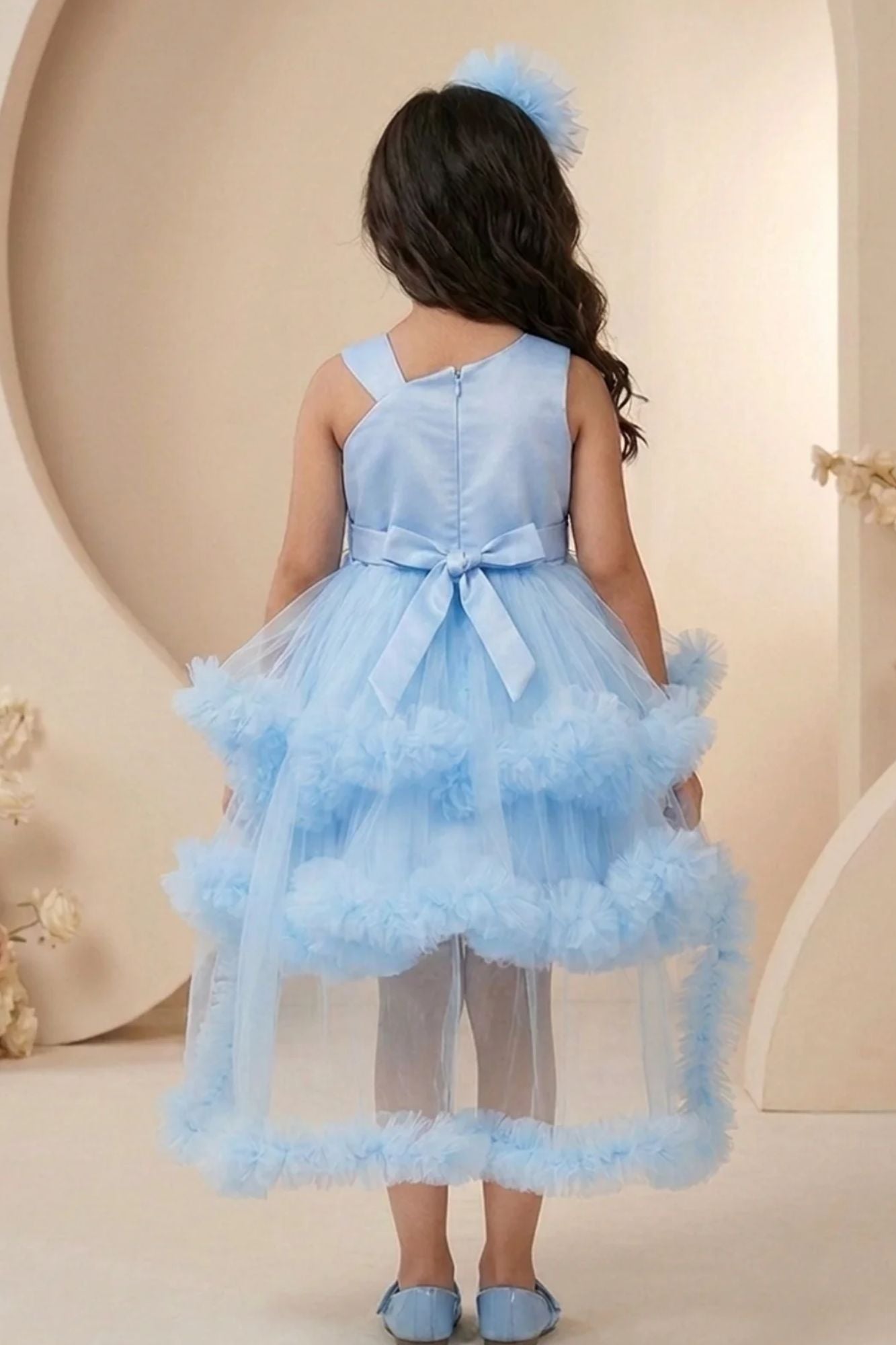 Blue High-Low Party Wear Tulle Frock With Flower Embellishment For Girls