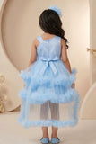 Blue High-Low Party Wear Tulle Frock With Flower Embellishment For Girls